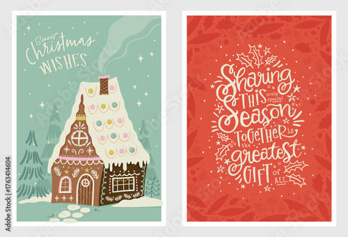 Lovely hand drawn christmas cards, cute design with hand lettering and lovely illustrations - vector design
