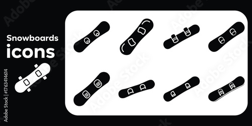 Snowboard icon set. Collection of boards with bindings for winter sports. Mountain and snow recreation equipment. Extreme sport glyph symbols.