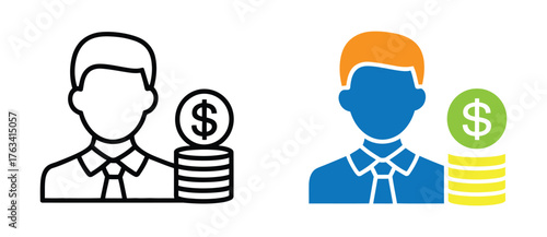 Professional businessman silhouette with stack of coins symbolizing financial success, wealth, and investment growth in a modern, clean graphic style