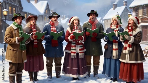 Choir sings Christmas carols in a snow-covered village, clad in festive winter attire