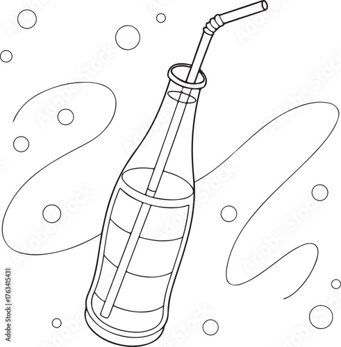 Hand Drawn Soda Bottle with Straw – Fizzy Drink Line Art Illustration