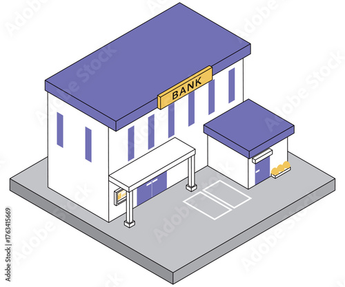 ツートンカラーのアイソメトリック銀行の建物のアイコンイラスト素材