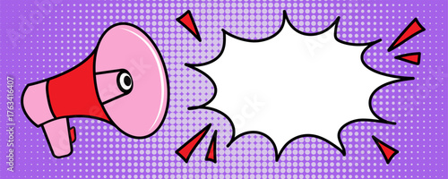 Loudspeaker and speech bubble. Public horn speaker, megaphone. Social media marketing concept. Announcement for marketing. Trendu comic pop art style. Vector illustration