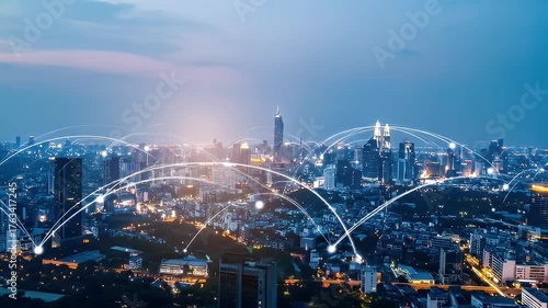 Wallpaper Mural Cityscape at night overlaid with glowing network connection lines Torontodigital.ca