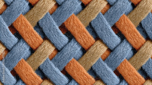 Interlocking woven threads create a textured abstract pattern in warm and cool tones.