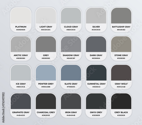 Grey color codes shades guide palette catalog with color names