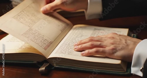 Hands flipping through pages of an old ledger book on a wooden table
