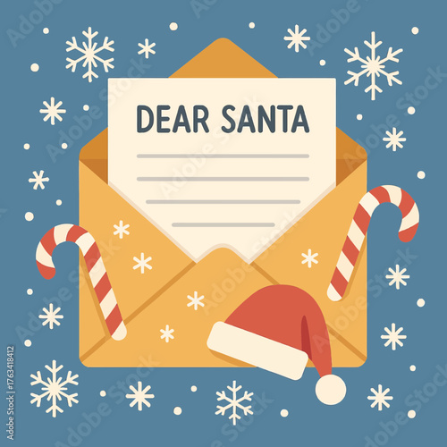 Dear Santa Letter Christmas Envelope Candy Cane Santa Hat Flat Vector Illustration