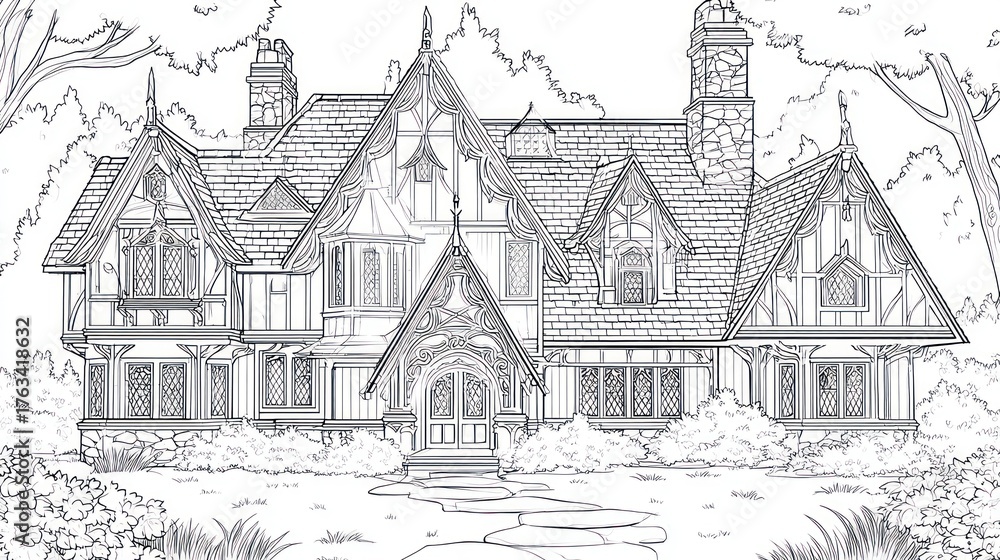 Obraz premium Ornate Tudor-style house with detailed gables, stone accents, and lush foliage