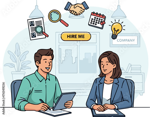 Interview HR manager or recruiter interviewing work candidate, applicant. Job interview, vacancy, hiring recruitment process concept. Vector illustration.