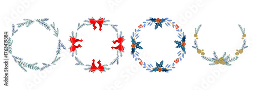Christmas Wreath Collection with Holly, Bows, Winter Foliage. Botanical Christmas Wreaths with Traditional Holiday Decorations for greeting cards, invitations, packaging, abels,holiday projects.Vector