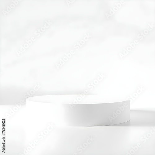 A minimalist white pedestal stage against a blurred, bright background, perfect for product display.