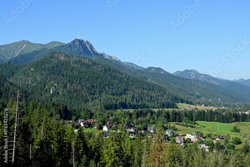 Fototapeta Naklejka Na Ścianę i Meble -  Giewont Mountain, Zakopane. Giewont peak seen from Cyrhla village. Cloudless sunny summer day