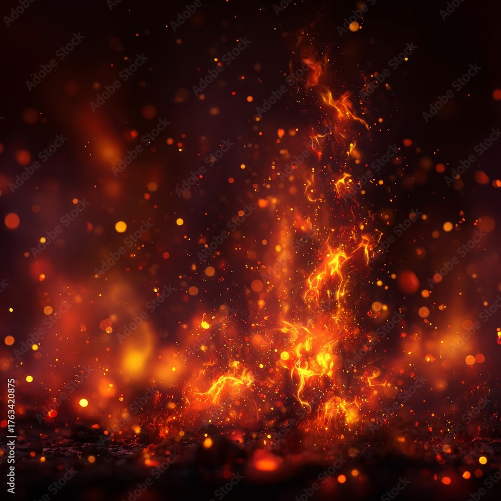 Obraz premium Fire flames Burning red hot sparks realistic abstract background,Sparks and fire particles,Flying up embers and burning cinder,Smoke.