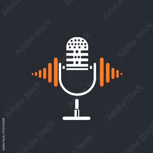 A stylized white microphone illustration with orange sound waves emanating from either side, set against a dark gray background.