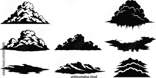 Black cloud silhouette illustration set, stylized weather icons, cumulus shapes, graphic design elements, meteorology clipart, storm cloud vector pack