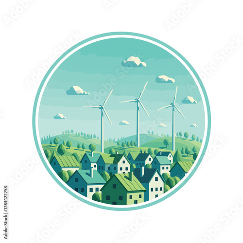 Ecofriendly village with greenroofed houses powered by wind turbines on rolling hills.