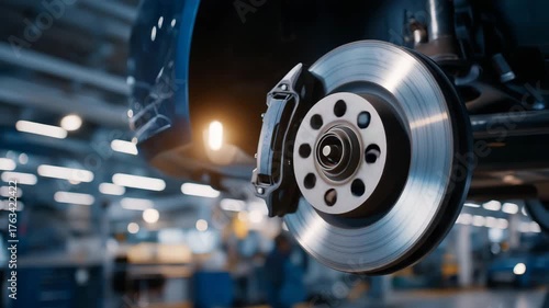 A mechanic repairs a car’s brakes in a garage, with calipers clamping, rotors gleaming, a jack lifting, and a manual open nearby, shown in a precise photo with brake pads, rotor shines, and
