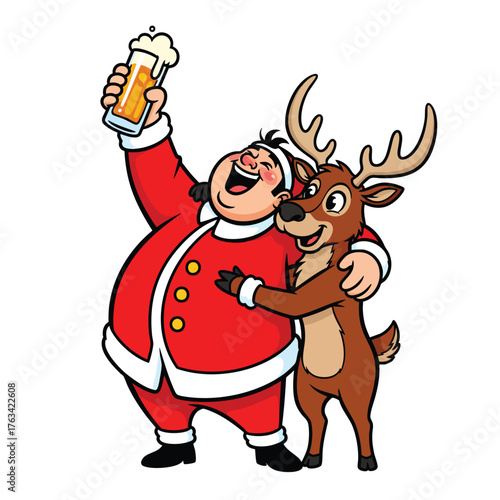 Jolly cartoon Santa Claus and reindeer hugging while toasting with a glass of beer.