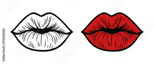 Red puckered glossy lips giving an air kiss doodle style. Ideal for logo, tattoo, app, coloring book, web design, infographics, banner, poster