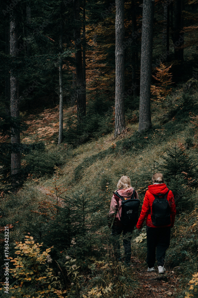 Obraz premium Autumn travel scene showing two female hikers walking along a forest trail in October. Warm tones, soft sunlight and colorful seasonal foliage