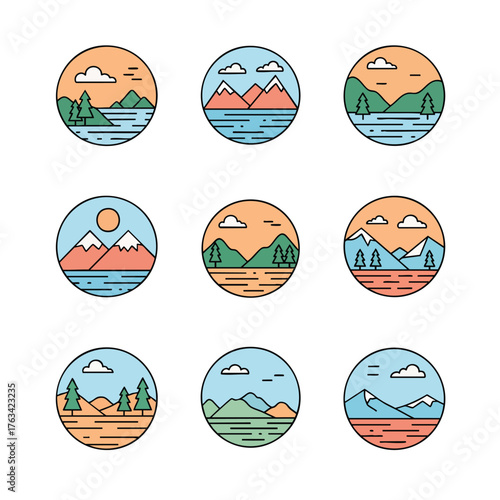 Set of nine circular landscape icons in a minimalist line art style featuring mountains forests and water scenes with a colorful flat design.