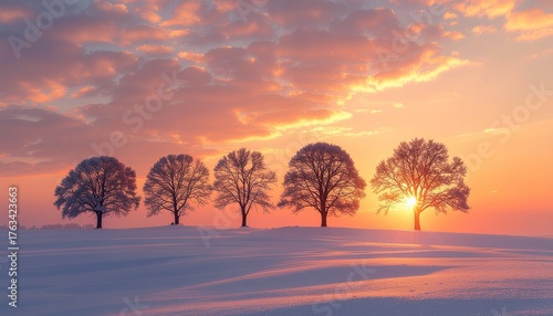 A minimalist winter landscape showing bare trees silhouetted against a glowing orange sunset sky. The snow-covered ground sparkles faintly under the fading light