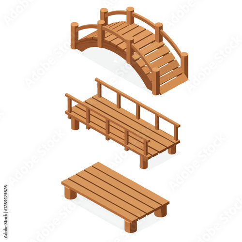 Set of three isometric wooden garden bridges including an arched bridge a flat bridge with railings and a simple wooden platform.