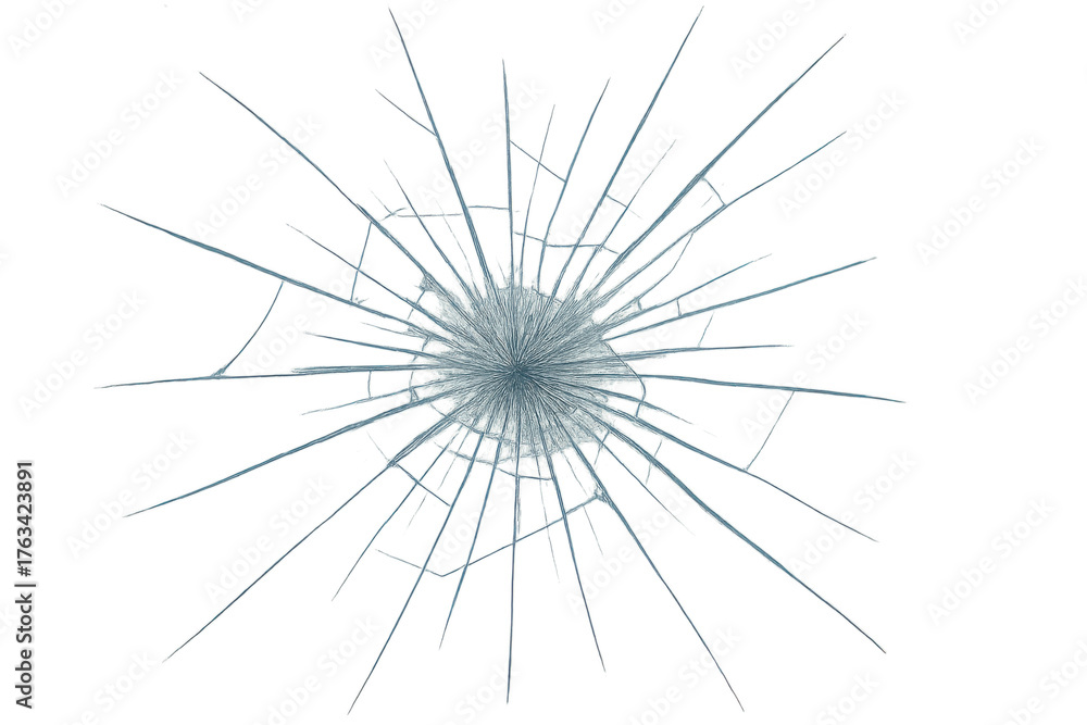 Obraz premium Shattered glass breaking from strong impact, radially spreading crack structure, transparent background object