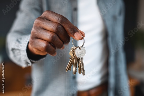 Black Guy Holding Keys. African American Man Offering Keys to New Apartment Buyer
