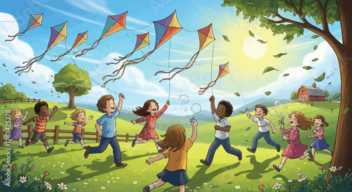 Happy Child Flying Kite with Family – Joyful Summer Scene of Children Playing Outdoors on Green Grass Meadow, Fun Childhood Moment in Park, Nature Lifestyle and Family Activity Illustration