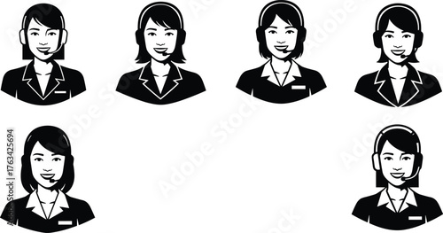 Customer service women illustration, headset support agents, business attire, call center staff, professional female portraits, communication team, corporate identity artwork