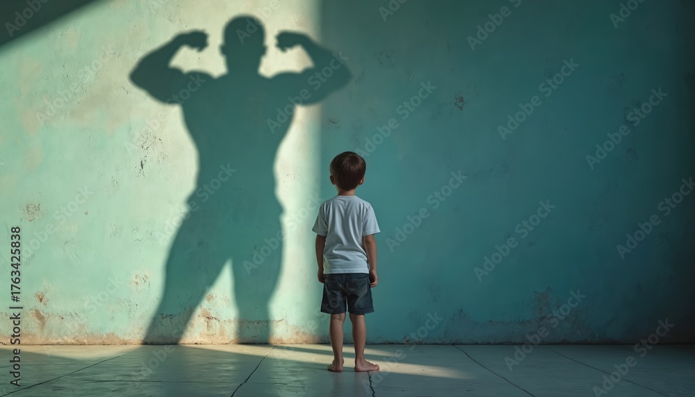 Obraz premium Little kid sees strong man shadow on wall. Boy dreams of future as powerful adult. Child imagines being big, fit, and muscled bodybuilder. He feels ambition, growth, power, strength.