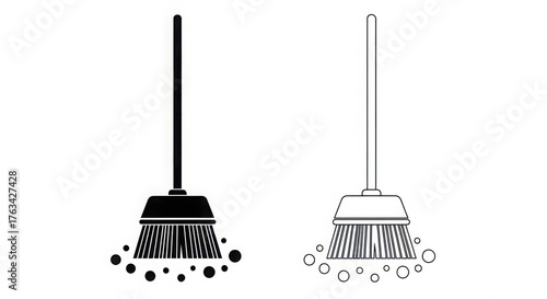 Two brooms one black and one outline sweeping up dirt on a white background in a vector illustration
