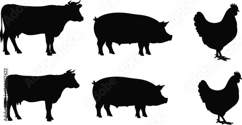 Farm animal silhouettes, cow pig chicken icons, black vector shapes, agriculture livestock symbols, rural farming design, barnyard animal graphics