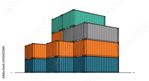 Stacked shipping containers in various colors against a white background  
