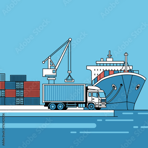 Cargo ship and crane loading containers at shipping port  