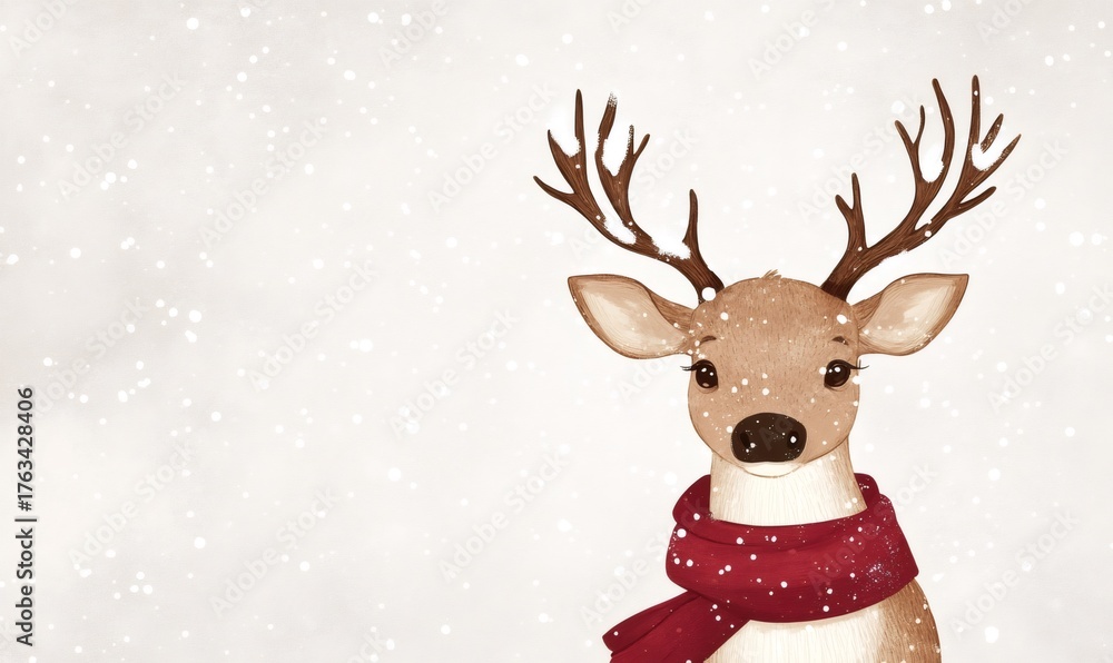 Fototapeta premium Cute cartoon reindeer wearing a red scarf, standing in gentle falling snow, perfect for winter holiday and christmas designs