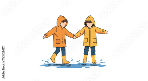 Two children playing in puddles wearing orange raincoats outdoors  