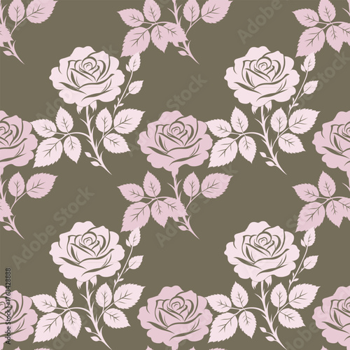 Seamless pattern with pink roses and leaves on olive background. Elegant floral design for fabric, wallpaper, and packaging.