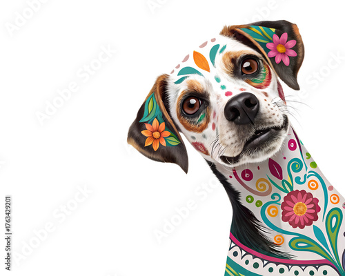 Colorful Sugar Skull Dog Peeking from Corner with Floral Decorations on transparent Background