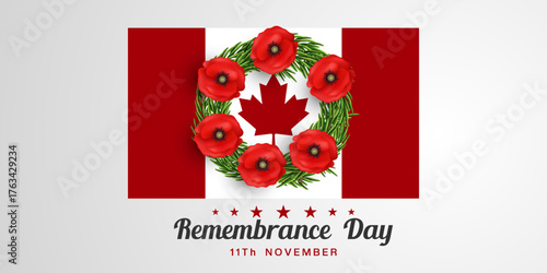 11th November Is Remembrance Day Day. Canada flag, red poppy and more. Suitable for posters, banners and social media. White background.