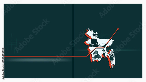 Bangladesh growth editorial spread vector illustration. Modern design with map, arrow, and progress theme, perfect for magazine covers, reports, presentations, web, digital projects