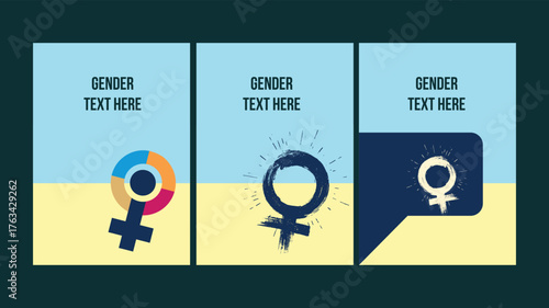Gender equality editorial card set vector illustration. Modern design with profile silhouettes and gender symbols, perfect for social awareness, diversity, inclusion, editorial, posters, infographics