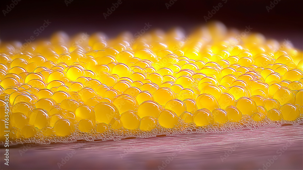 Fototapeta premium Macro of bright yellow caviar pearls on reflective surface, minimal food background symbolizing luxury, delicacy and gourmet style.