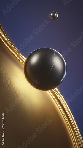Abstract golden and black sphere composition on dark background, concept of minimal design, balance, luxury and modern art.