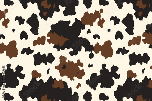 Cow pattern background. Vector animal skin print, cute black and brown spots on beige. Natural spotted texture for textile, dairy farm decoration, wrapping paper, wallpaper, backdrop, banner.