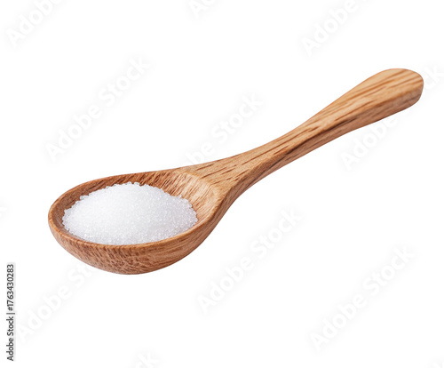 A wooden spoon filled with white granular salt, isolated on a transparent background, showcasing a simple and clean presentation of a common seasoning ingredient