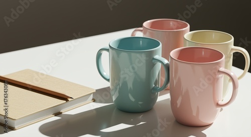 pastel coffee mugs arranged on a white table with a notebook in warm sunlight