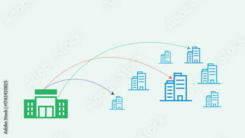 Business network connection illustration. Vector design showing company building connections with arrows to multiple offices. Perfect for corporate structure, workflow, management, teamwork